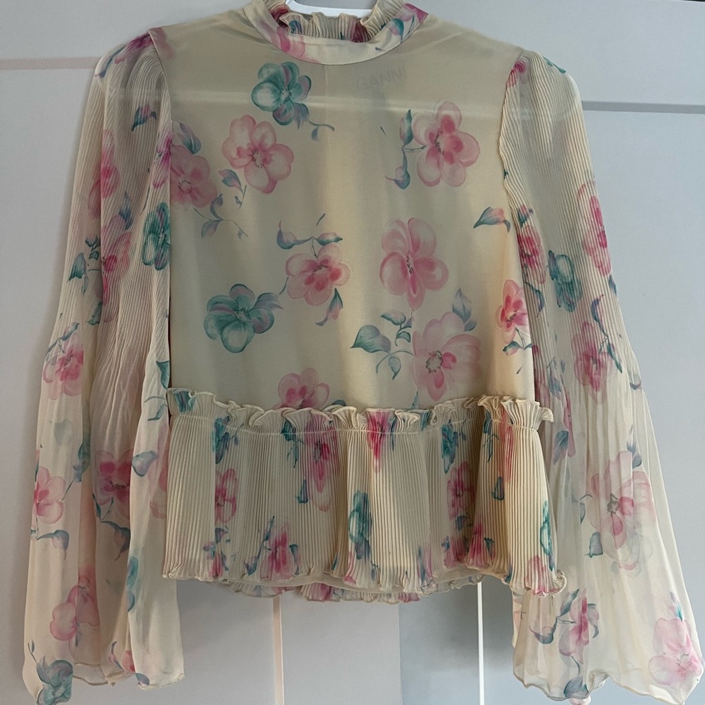 Ganni Cream and Pink Floral Blouse